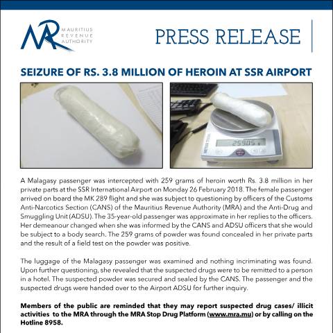 Document preview: Seizure of Rs 3.8 million of heroin at SSR Airport (28.02.18) — Document, Mauritius (CERFA n°PressRelease280218)