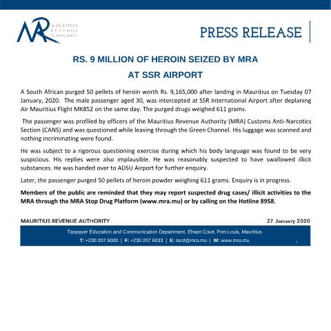 Document preview: Rs. 9 million of heroin seized by MRA at SSR airport (27.01.20) — Document, Mauritius (CERFA n°PressRelease270120)