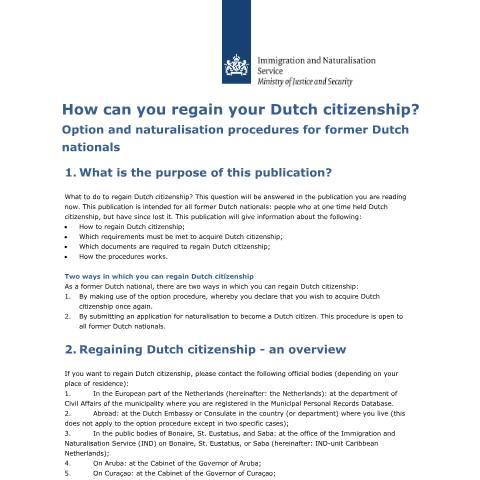 Documentvoorvertoning: How can you regain your Dutch citizenship? Option and naturalisation procedures for former Dutch nationals — IND — immigratie, Nederland (CERFA n°8074)