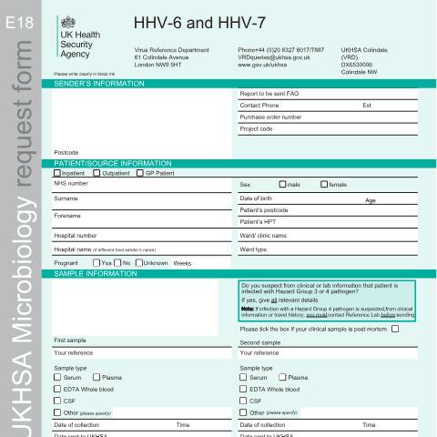 Document preview: HHV-6 and HHV-7 referral form — UK Health Security Agency, United Kingdom