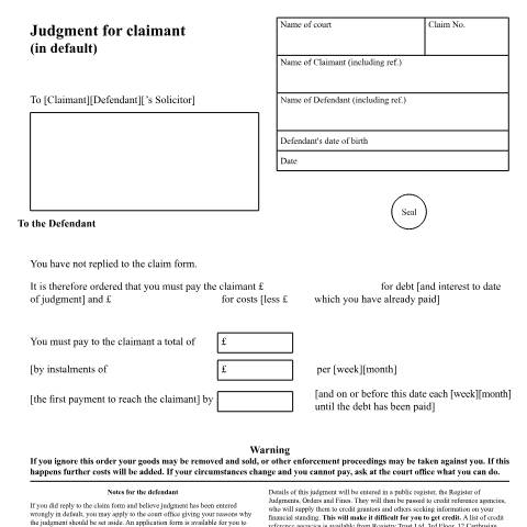 Document preview: High Court judgment for claimant in default: Form N30(HC) — HM Courts & Tribunals Service, United Kingdom