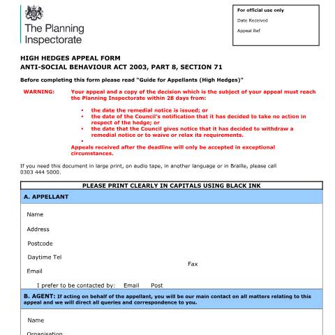 Document preview: High hedge appeal form — Planning Inspectorate, United Kingdom