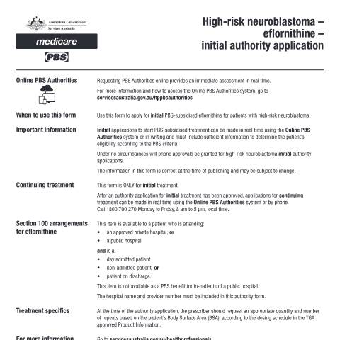 Document preview: High-risk neuroblastoma - eflornithine - initial authority application form (PB384) — Services Australia — Health professionals, Australia (CERFA n°PB384)