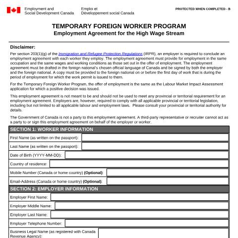 Document preview: Employment Agreement for the High Wage Stream — Foreign Worker Program, Canada (CERFA n°EMP5711)