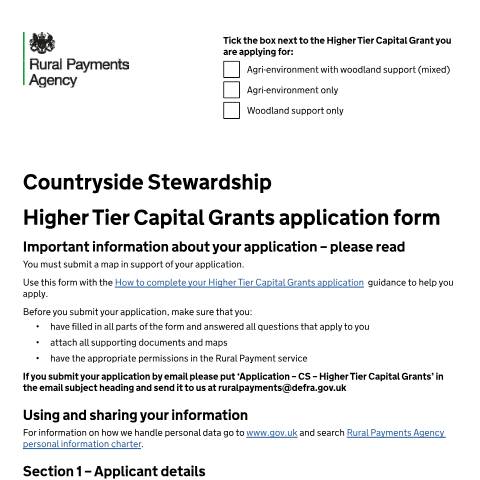 Document preview: Higher Tier Capital Grants application form: Countryside Stewardship — Rural Payments Agency, United Kingdom