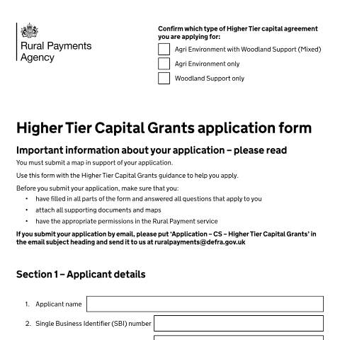 Document preview: Higher Tier Capital Grants application form — Rural Payments Agency, United Kingdom