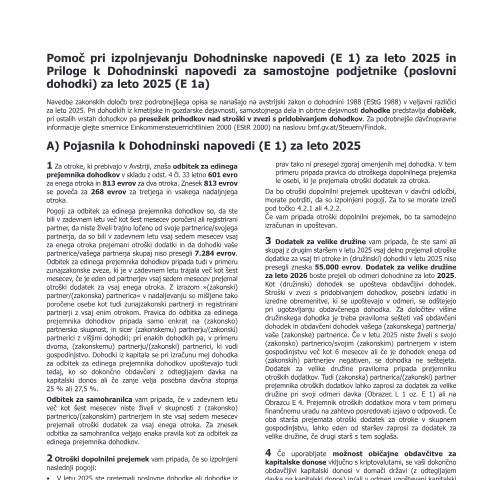 Dokumentvorschau: E2-SL — Pomoč pri izpolnjevanju Dohodninske napovedi (E 1) za leto 2025 in Priloge k Dohodninski napovedi za samostojne podjetnike (poslovni dohodki) za leto 2025 (E 1a) — Steuern, Österreich (CERFA n°E2-SL)