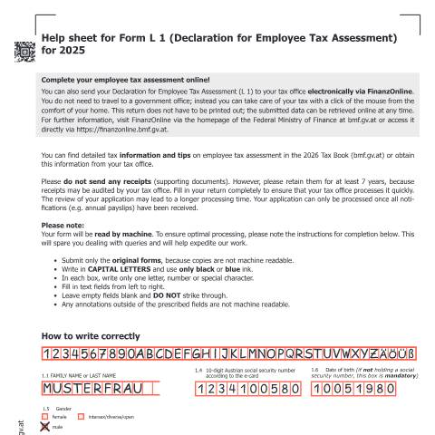 Dokumentvorschau: L2-EN — Help sheet for Form L 1 (Declaration for Employee Tax Assessment) for 2025 — Steuern, Österreich (CERFA n°L2-EN)