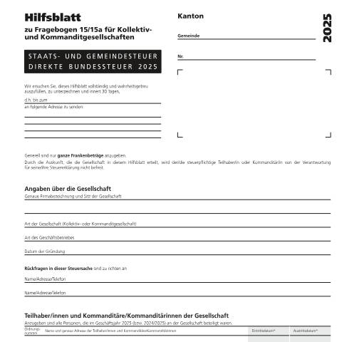 Dokumentvorschau: 15c - Hilfsblatt zu Fragebogen 15/15a für Kollektiv- und Kommanditgesellschaften PDF 137.91 kB 6. August 2025 — Direkte Bundessteuer, Schweiz (CERFA n°15c)