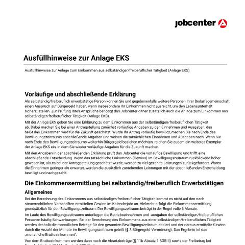 Dokumentvorschau: hinweis-selbstaendige_ba033025 — Öffnet in neuem Tab Ausfüllhinweise zur Anlage EKS Erklärungen und Informationen zur Anlage zum Einkommen aus selbständiger/freiberuflicher Tätigkeit (Anlage EKS) pdf | 321.36 KB | barrierefrei — Familienkasse/hinweis, Deutschland (CERFA n°hinweis-selbstaendige_ba033025)