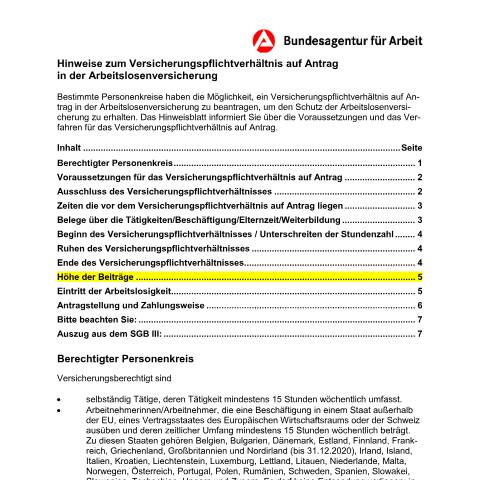 Dokumentvorschau: hinweis-alv_ba035280 — Öffnet in neuem Tab Hinweise zum Versicherungspflichtverhältnis auf Antrag in der Arbeitslosenversicherung Informationen für Selbständige, Erziehende in Elternzeit, Beschäftigten in bestimmten ausländischen Staaten sowie bei Weiterbildung pdf | 252.31 KB | barrierefrei — Familienkasse/hinweis, Deutschland (CERFA n°hinweis-alv_ba035280)
