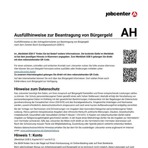 Dokumentvorschau: hinweise-antrag-sgb2_ba042694 — Öffnet in neuem Tab Ausfüllhinweise zur Beantragung von Bürgergeld (AH) Erklärungen und Informationen zu den Antragsformularen auf Bürgergeld pdf | 342.16 KB | barrierefrei — Familienkasse/hinweise, Deutschland (CERFA n°hinweise-antrag-sgb2_ba042694)