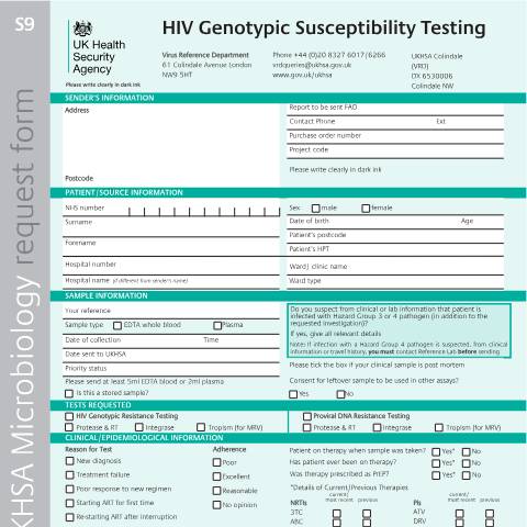 Document preview: HIV genotypic susceptibility testing request form — UK Health Security Agency, United Kingdom