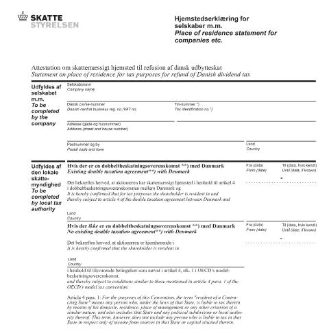 Document preview: Hjemstedserklæring for selskaber/Place of residence statement for companies — 02 Tax: certificates, Danmark (CERFA n°02.051)