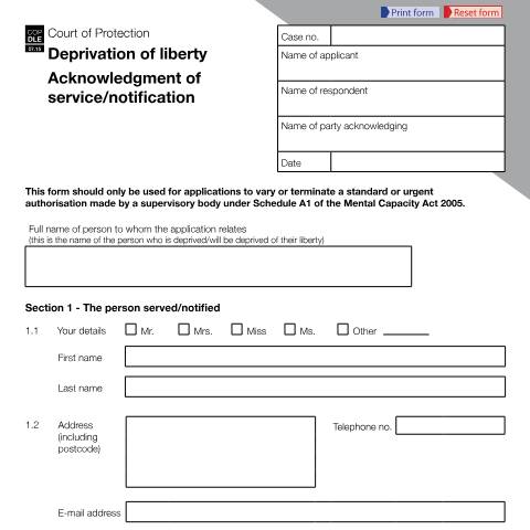Document preview: Form COP DLE: Acknowledgment of service / notification — HM Courts & Tribunals Service, United Kingdom