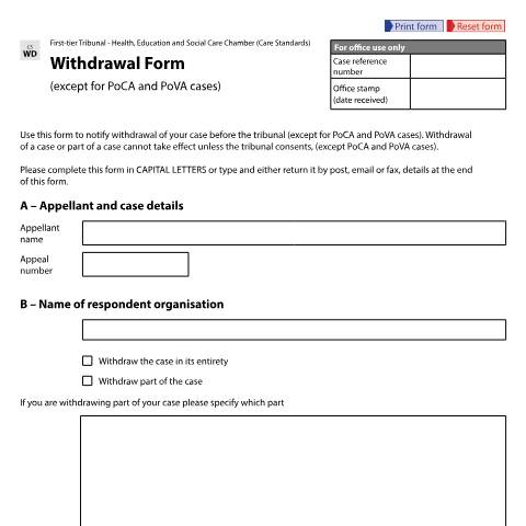 Document preview: Withdrawal Form (Except for PoCA and PoVA Cases): Form CS WD — HM Courts & Tribunals Service, United Kingdom