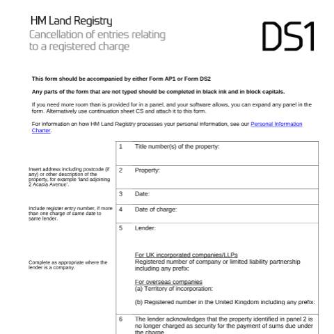 Document preview: Mortgage: cancellation of entries for lenders (DS1) — HM Land Registry, United Kingdom