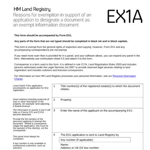 Document preview: Reasons for exemption of document (EX1A) — HM Land Registry, United Kingdom