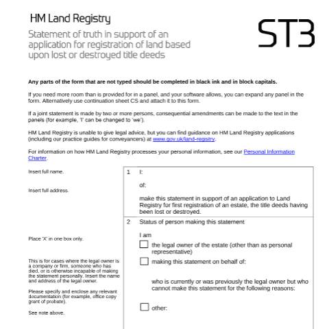 Document preview: Lost or destroyed deeds: statement of truth (ST3) — HM Land Registry, United Kingdom
