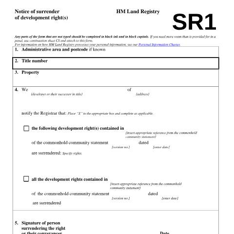 Document preview: Development right(s): notice of surrender (SR1) — HM Land Registry, United Kingdom