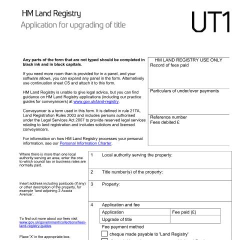 Document preview: Upgrading of title: application (UT1) — HM Land Registry, United Kingdom