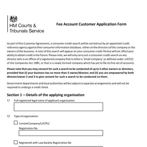Document preview: HMCTS Fee Account application form — HM Courts & Tribunals Service, United Kingdom