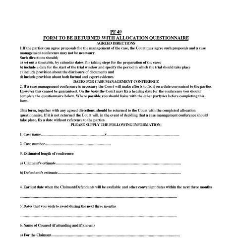 Document preview: Form PF49: Request to parties to state convenient dates for hearing of 1st CMC - Form to be returned with allocation questionnaire — HM Courts & Tribunals Service, United Kingdom