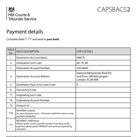 Document preview: Form CAPSBACS2: Payment details — HM Courts & Tribunals Service, United Kingdom