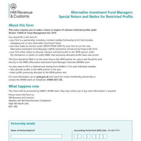 Document preview: Alternative Investment Fund Managers: Special Return and Notice for Restricted Profits (HNWU10) — HM Revenue & Customs, United Kingdom