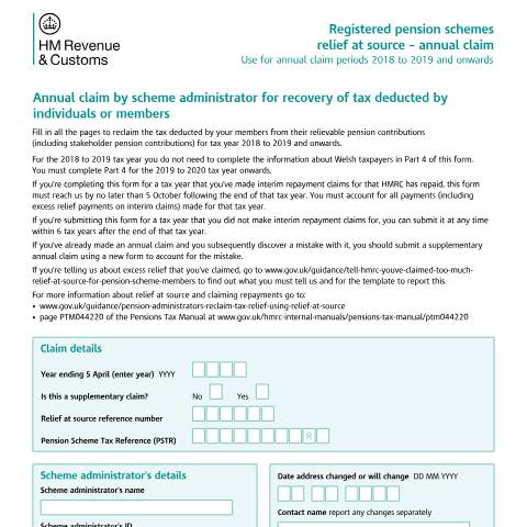 Document preview: Make an annual claim for relief at source on pension contributions (APSS106) — HM Revenue & Customs, United Kingdom
