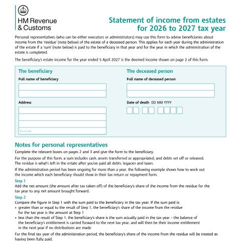 Document preview: Tell beneficiaries about income from the estate of a deceased person — HM Revenue & Customs, United Kingdom