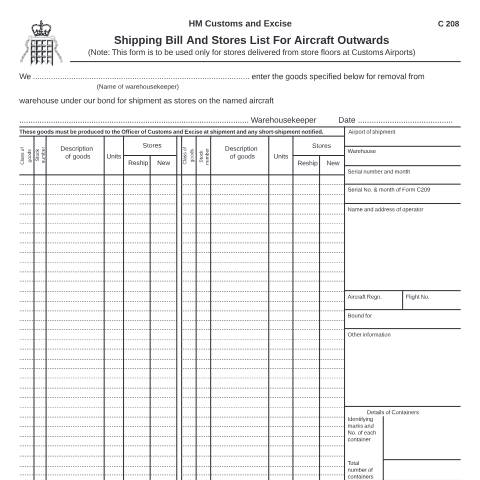 Document preview: Shipping bill and stores for outgoing aircraft (C208) — HM Revenue & Customs, United Kingdom