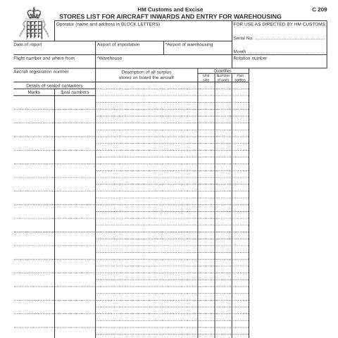 Document preview: Excise warehousing: stores list for aircraft inwards and entry for warehousing (C209) — HM Revenue & Customs, United Kingdom