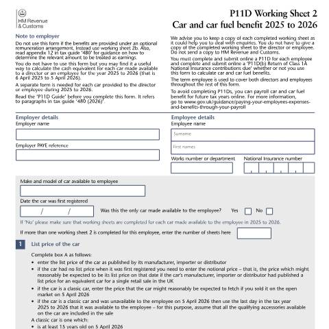 Document preview: PAYE: car and car fuel benefit (P11D WS2 and WS2b) — HM Revenue & Customs, United Kingdom