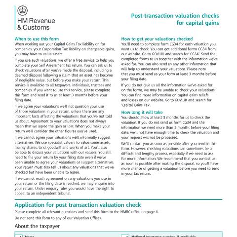 Document preview: Post transaction valuation checks for Capital Gains (CG34) — HM Revenue & Customs, United Kingdom
