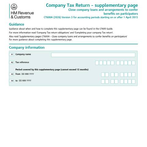 Document preview: Corporation Tax: close company loans and arrangements to confer benefits on participators (CT600A) — HM Revenue & Customs, United Kingdom
