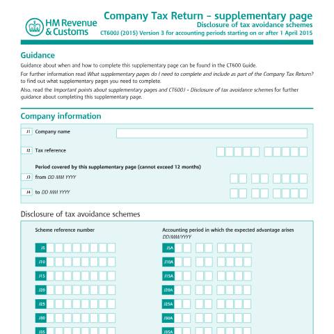 Document preview: Corporation Tax: disclosure of tax avoidance schemes (CT600J) — HM Revenue & Customs, United Kingdom