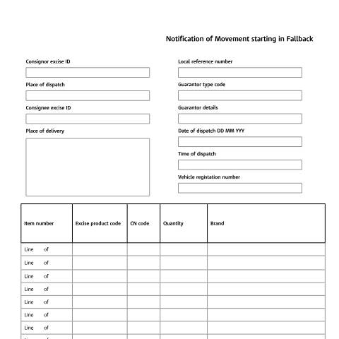 Document preview: EMCS fallback: Notification of Movement starting in Fallback (NoMF) — HM Revenue & Customs, United Kingdom