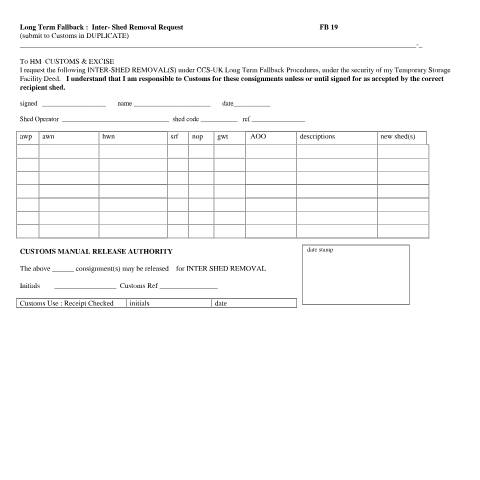 Document preview: EMCS fallback: long term fallback - inter-shed removal request (FB19) — HM Revenue & Customs, United Kingdom