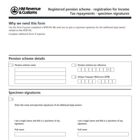 Document preview: Pension schemes: registration for Income Tax repayments (APSS146) — HM Revenue & Customs, United Kingdom