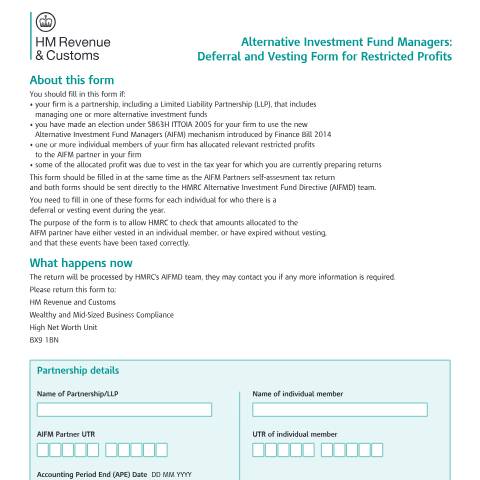 Document preview: Alternative Investment Fund Managers: Deferral and Vesting Form for Restricted Profits (HNWU11) — HM Revenue & Customs, United Kingdom
