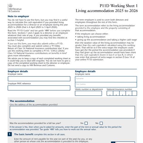 Document preview: PAYE: living accommodation (P11D WS1) — HM Revenue & Customs, United Kingdom