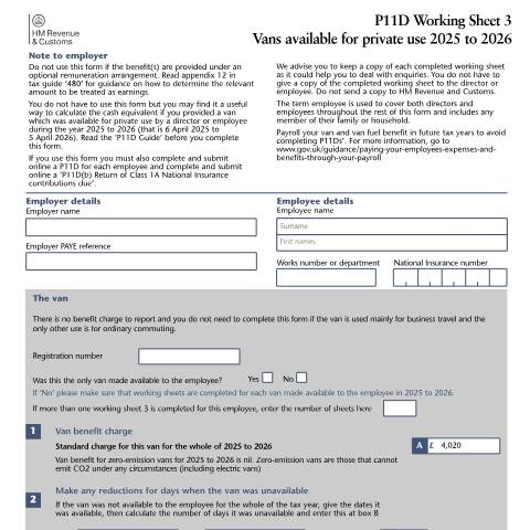 Document preview: PAYE: private use of company van (P11D WS3) — HM Revenue & Customs, United Kingdom