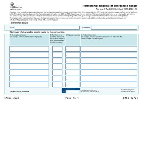 Document preview: Self Assessment: Partnership disposal of chargeable assets (SA803) — HM Revenue & Customs, United Kingdom