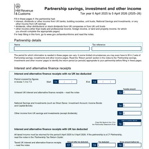 Document preview: Self Assessment: Partnership savings, investments and other income (SA804) — HM Revenue & Customs, United Kingdom