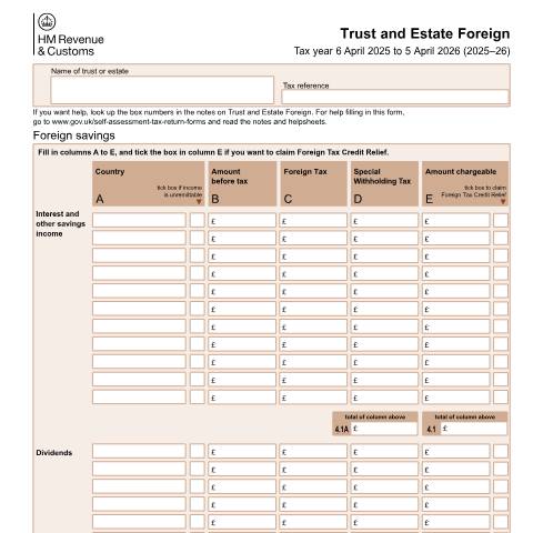 Document preview: Self Assessment: Trust and Estate Foreign (SA904) — HM Revenue & Customs, United Kingdom