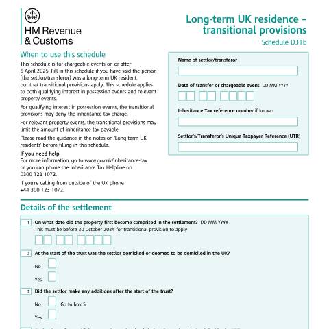 Document preview: Tell HMRC about a transferor or settlor who is a long-term UK resident, when transitional provisions apply (D31b) — HM Revenue & Customs, United Kingdom