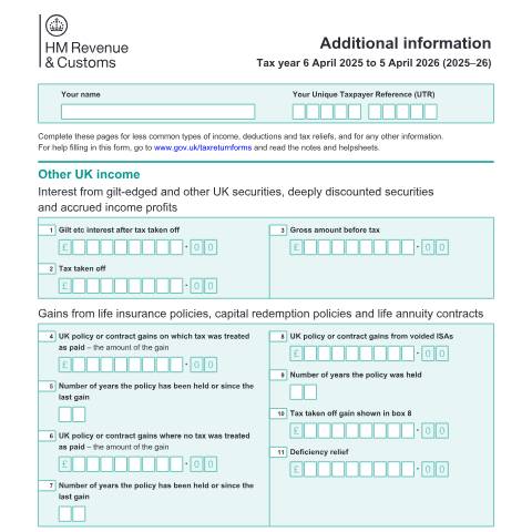 Document preview: Self Assessment: additional information (SA101) — HM Revenue & Customs, United Kingdom