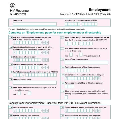 Document preview: Self Assessment: Employment (SA102) — HM Revenue & Customs, United Kingdom