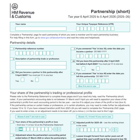 Document preview: Self Assessment: Partnership (short) (SA104S) — HM Revenue & Customs, United Kingdom